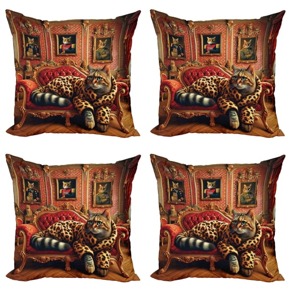 Ambesonne Cat Throw Pillow Cover 4 Pack, Royal Kitty in Leopard Coat, 18", Marigold Salmon