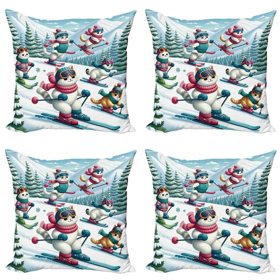 Ambesonne Cat Throw Pillow Cover 4 Pack, Snowy Cartoon Skiing Kitties, 24", Pale Blue Raspberry White