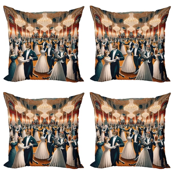 Ambesonne Cat Throw Pillow Cover 4 Pack, Waltz Dancing Kitty Couples, 24", Petrol Blue and Orange