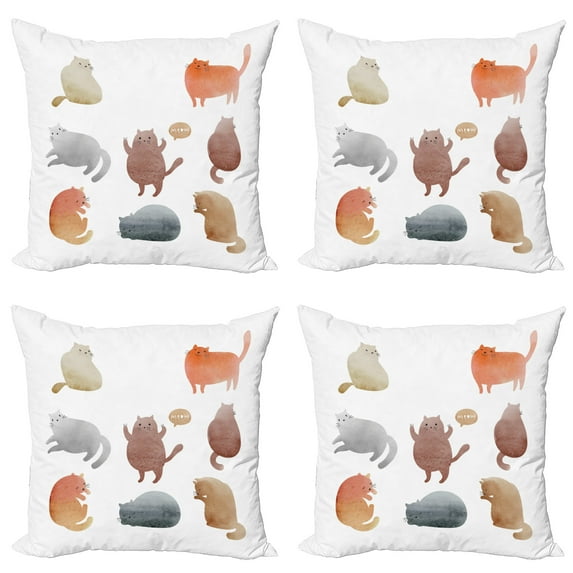 Ambesonne Cat Throw Pillow Cover 4 Pack, Watercolor Kitties Pet, 20", Multicolor