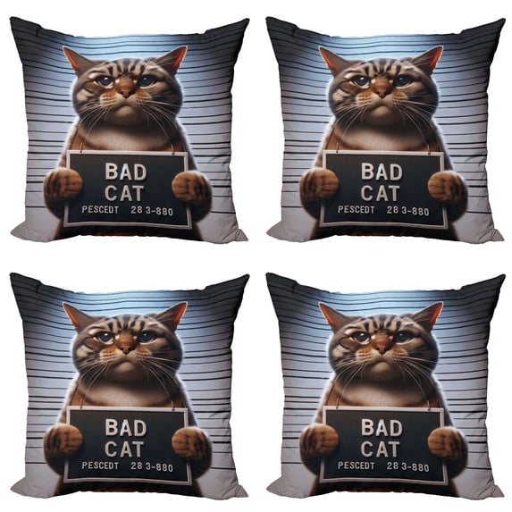 Ambesonne Cat Throw Pillow Cover 4 Pack, Whimsical Bad Kitty Mug Shot, 18", Umber and Pale Blue Grey