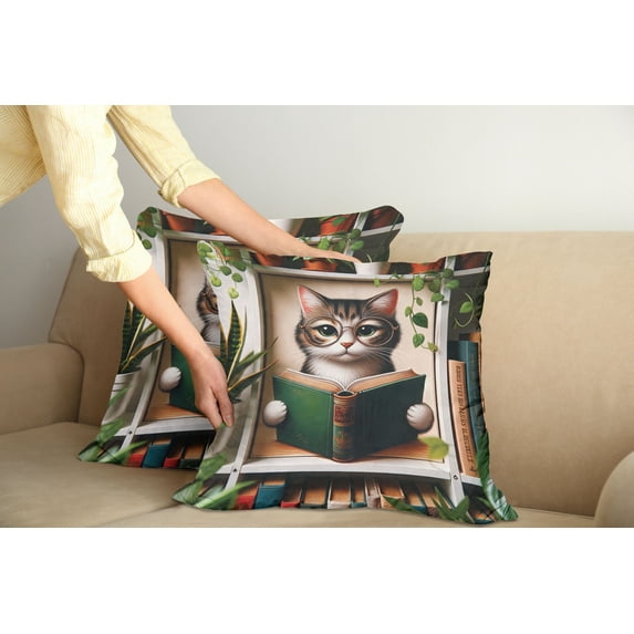 Ambesonne Cat Throw Pillow Cover Pack of 2, Botanical Cozy Concept Bookworm, 2 Pcs-36"x16", Green Paprika Beige