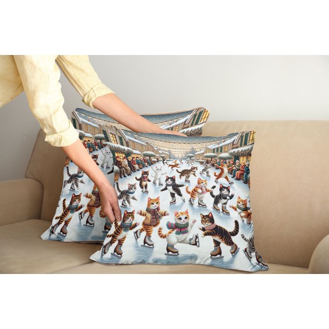 Ambesonne Cat Throw Pillow Cover Pack of 2, Cheery Kitties Ice Skating Fun, 2 Pcs-28"x28", Orange Brown Pale Blue