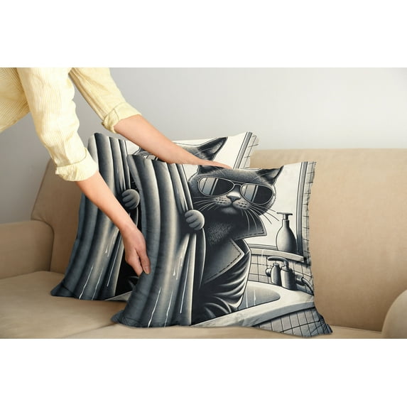 Ambesonne Cat Throw Pillow Cover Pack of 2, Cool Detective Kitty Monochrome, 2 Pcs-36"x36", Dark Grey Pale Sepia