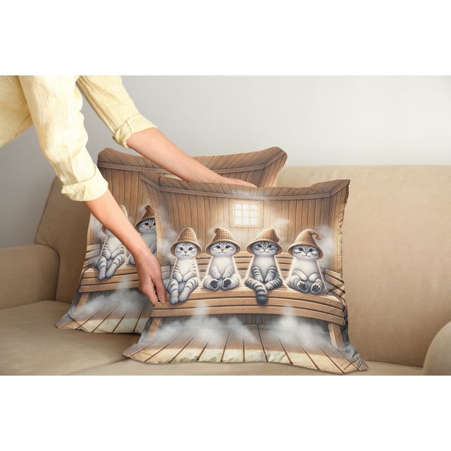 Ambesonne Cat Throw Pillow Cover Pack of 2, Funny Kittens in Hats at Sauna, 2 Pcs-18"x18", Pastel Brown and Pale Grey
