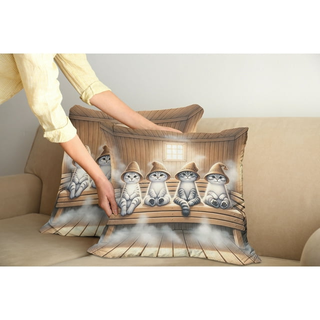 Ambesonne Cat Throw Pillow Cover Pack of 2, Funny Kittens in Hats at Sauna, 2 Pcs-18"x18", Pastel Brown and Pale Grey