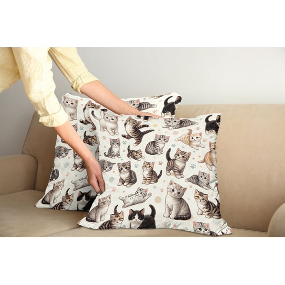 Ambesonne Cat Throw Pillow Cover Pack of 2, Little Kittens Playful Poses, 2 Pcs-36"x36", Off White Taupe and Grey