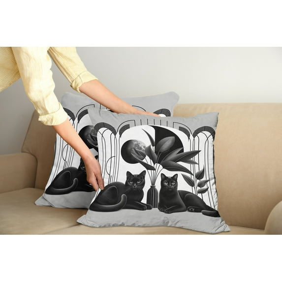 Ambesonne Cat Throw Pillow Cover Pack of 2, Mid Century Modern Boho Kitties, 2 Pcs-18"x18", Pale Grey Charcoal Grey