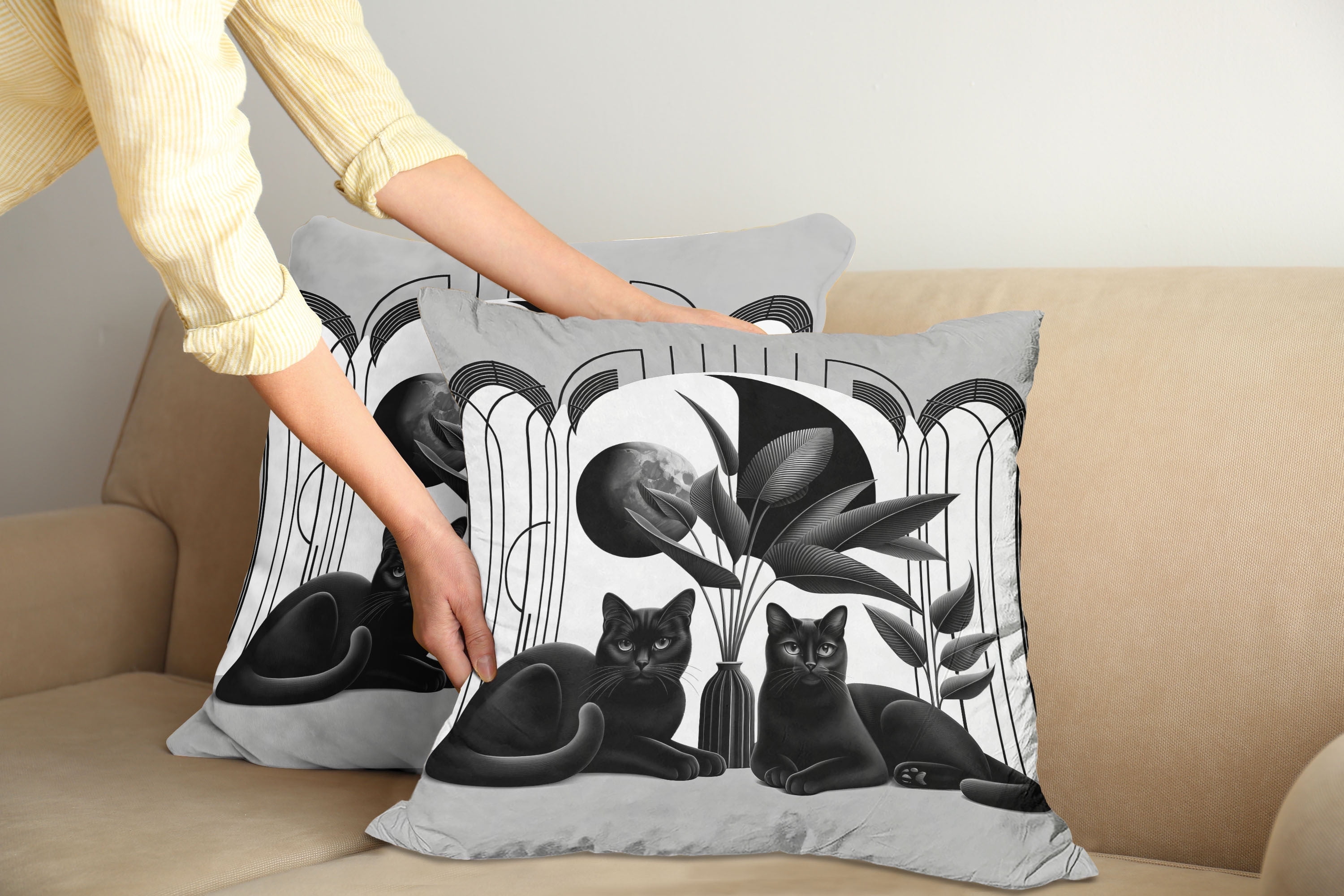 Pale Grey and Charcoal Cat Print Polyester Euro Pillows, Set of 2