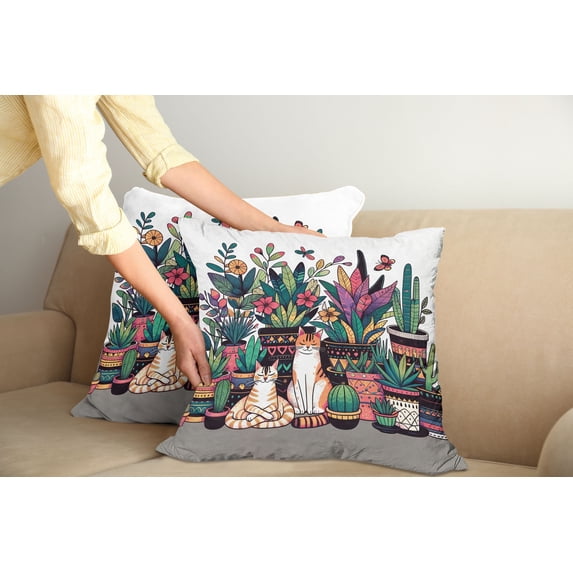 Ambesonne Cat Throw Pillow Cover Pack of 2, Modern Blooms Kitties Cozy Calm, 2 Pcs-40"x40", Teal Pink and Purple