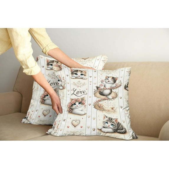 Ambesonne Cat Throw Pillow Cover Pack of 2, Vintage Smiling Blue Eyed Kitty, 2 Pcs-36"x36", Ivory Pale Brown Grey