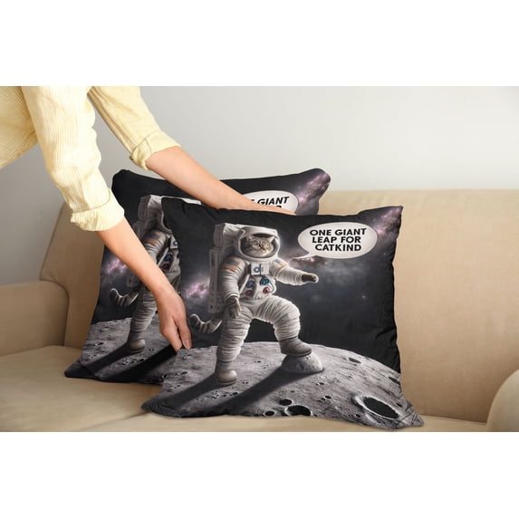 Ambesonne Cat Throw Pillow Cover Pack of 2, Whimsical Astronaut Kitty Moon, 2 Pcs-16"x16", Dark Purple Grey Coconut