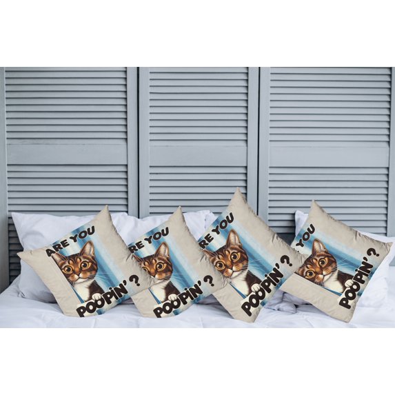 Ambesonne Cat Throw Pillow Cover Pack of 4, Are You Poopin' Curious Kitty, 4 Pcs-40"x40", Blue Coconut Chocolate