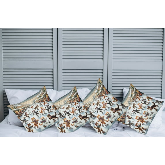 Ambesonne Cat Throw Pillow Cover Pack of 4, Cheery Kitties Ice Skating Fun, 4 Pcs-26" x 26", Orange Brown Pale Blue