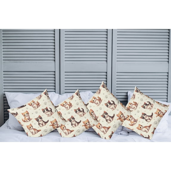 Ambesonne Cat Throw Pillow Cover Pack of 4, Little Fun Kittens Cartoon Paws, 4 Pcs-16" x 16", Ivory Apricot and Dark Grey