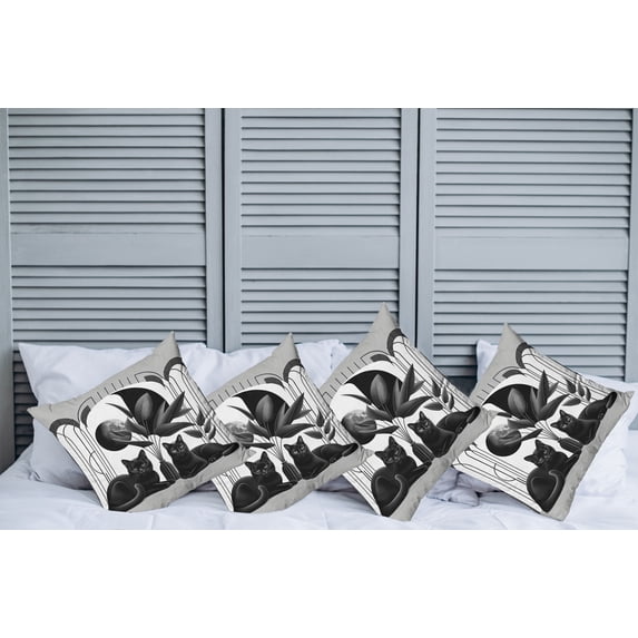 Ambesonne Cat Throw Pillow Cover Pack of 4, Mid Century Modern Boho Kitties, 4 Pcs-18" x 18", Pale Grey Charcoal Grey