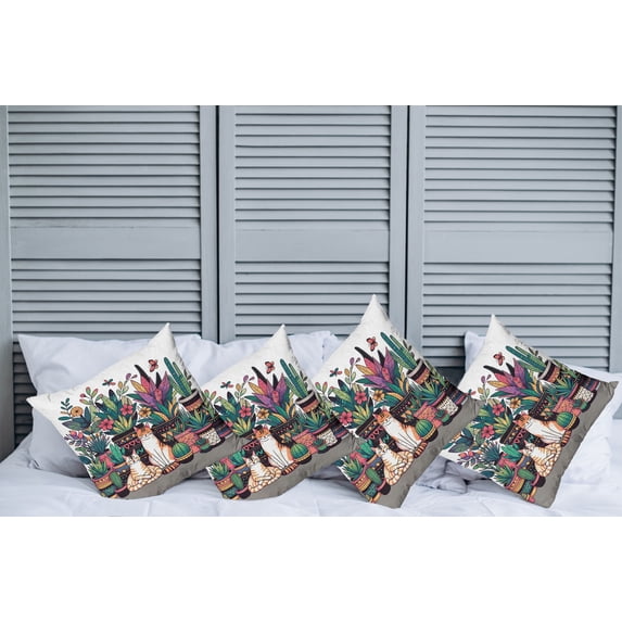 Ambesonne Cat Throw Pillow Cover Pack of 4, Modern Blooms Kitties Cozy Calm, 4 Pcs-28" x 28", Teal Pink and Purple