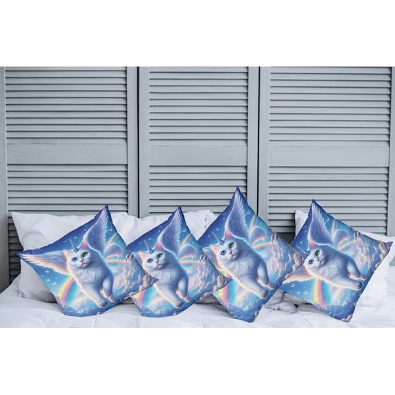 Ambesonne Cat Throw Pillow Cover Pack of 4, Pegasus Kitty Flies Clouds Sky, 4 Pcs-18" x 18", Azure Blue Pale Pink