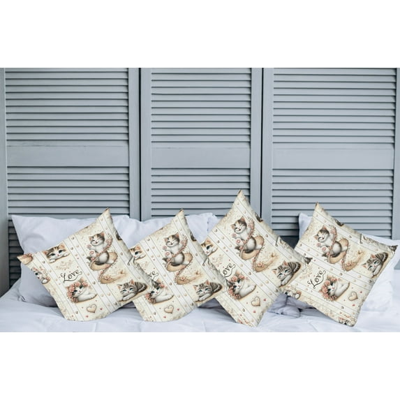 Ambesonne Cat Throw Pillow Cover Pack of 4, Vintage Smiling Blue Eyed Kitty, 4 Pcs-36"x36", Ivory Pale Brown Grey