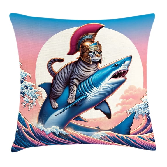 Ambesonne Cat Throw Pillow Cushion Cover, Ancient Greek Kitty on Shark, 40" X 40", Blue and Pale Pink