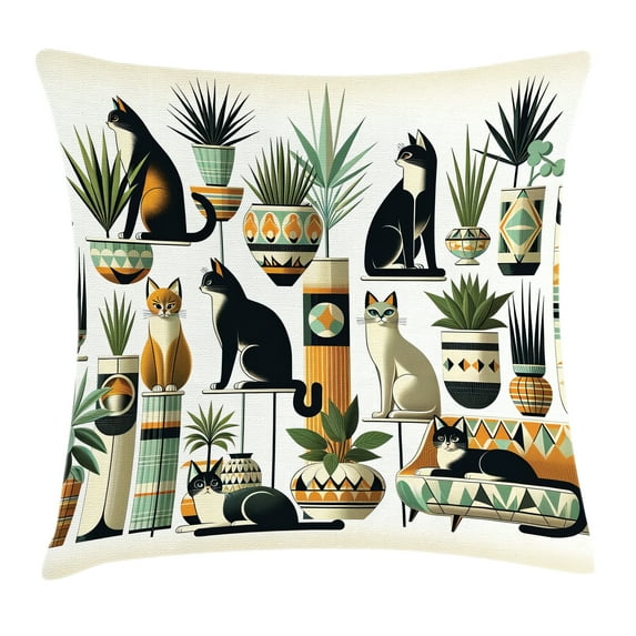 Ambesonne Cat Throw Pillow Cushion Cover, Boho Ethnic Animal Botanocal, 36" X 36", Black Ginger Mint Green