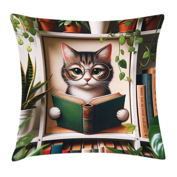Ambesonne Cat Throw Pillow Cushion Cover, Botanical Cozy Concept Bookworm, 18" X 18", Green Paprika Beige