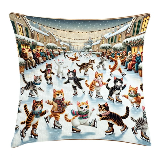 Ambesonne Cat Throw Pillow Cushion Cover, Cheery Kitties Ice Skating Fun, 18" X 18", Orange Brown Pale Blue