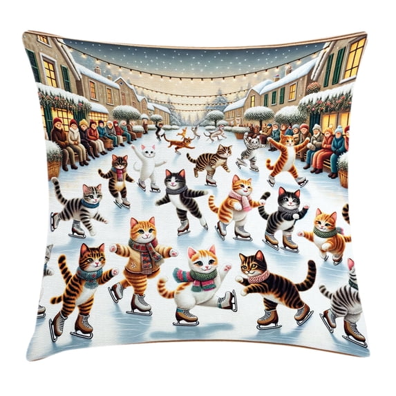 Ambesonne Cat Throw Pillow Cushion Cover, Cheery Kitties Ice Skating Fun, 24" X 24", Orange Brown Pale Blue