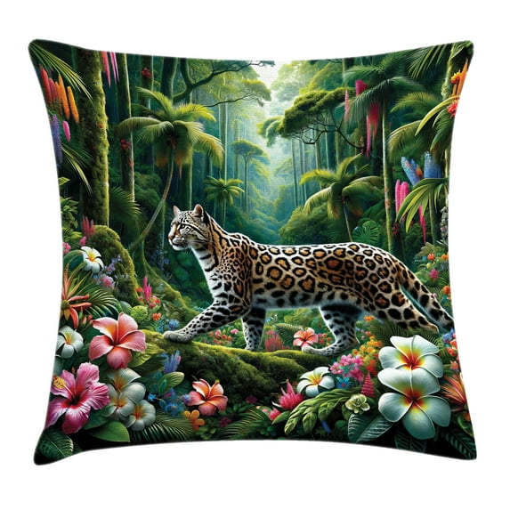 Ambesonne Cat Throw Pillow Cushion Cover, Exotic Wild Floral Jungle Scene, 26" X 26", Green and Multicolor