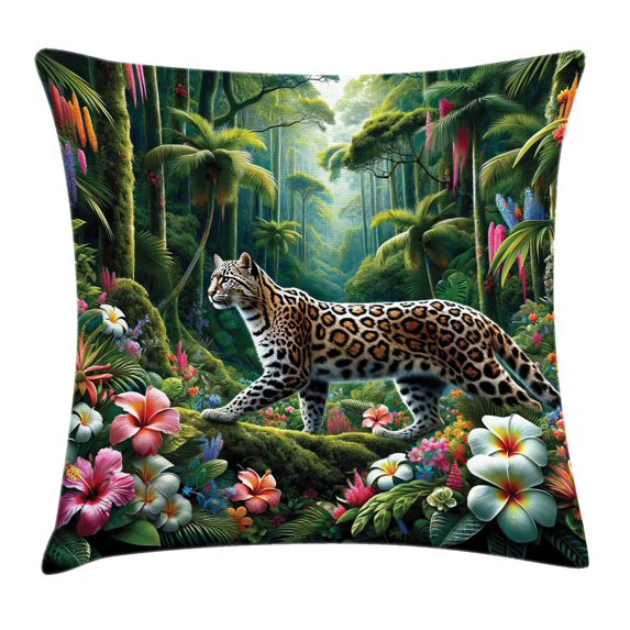 Ambesonne Cat Throw Pillow Cushion Cover, Exotic Wild Floral Jungle Scene, 28" X 28", Green and Multicolor