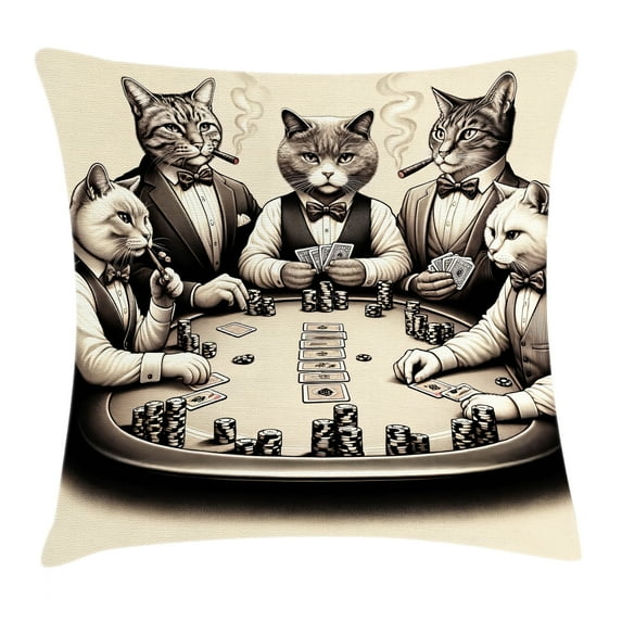 Ambesonne Cat Throw Pillow Cushion Cover, Gentleman Kitties Playing Poker, 28" X 28", Ivory Dark Taupe