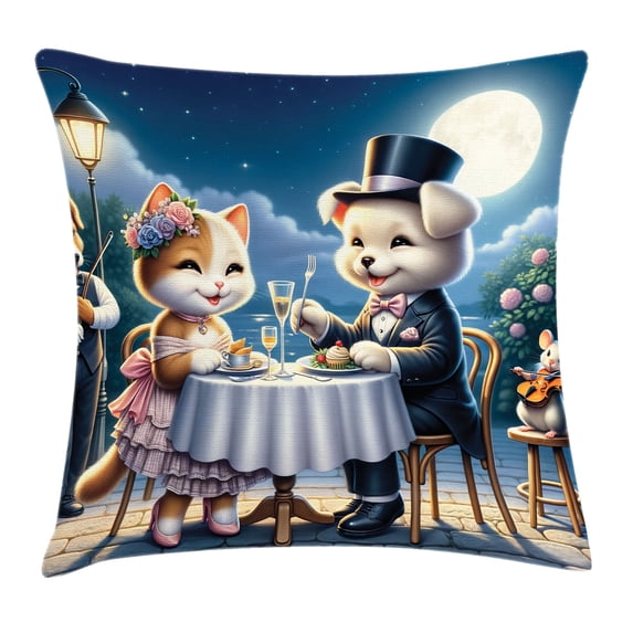 Ambesonne Cat Throw Pillow Cushion Cover, Gentleman Puppy Kitty Lady Date, 20" X 20", Night Blue Rose Apricot