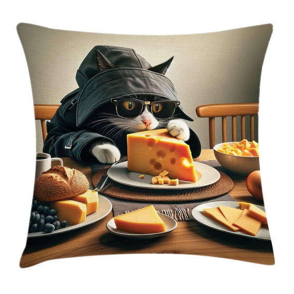 Ambesonne Cat Throw Pillow Cushion Cover, Kitty Having Feast with Cheese, 26" X 26", Marigold and Charcoal Grey