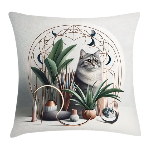 Ambesonne Cat Throw Pillow Cushion Cover, Kitty in a Noble Pose Bohemian, 40" X 40", Grey Green Pale Rust