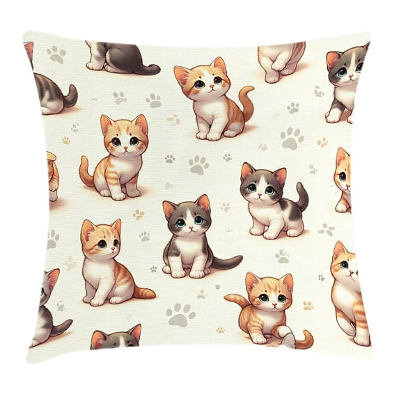 Ambesonne Cat Throw Pillow Cushion Cover, Little Fun Kittens Cartoon Paws, 20" X 20", Ivory Apricot and Dark Grey