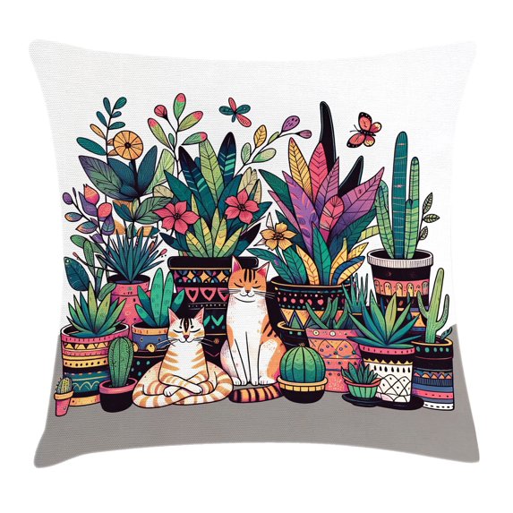 Ambesonne Cat Throw Pillow Cushion Cover, Modern Blooms Kitties Cozy Calm, 16" X 16", Teal Pink and Purple