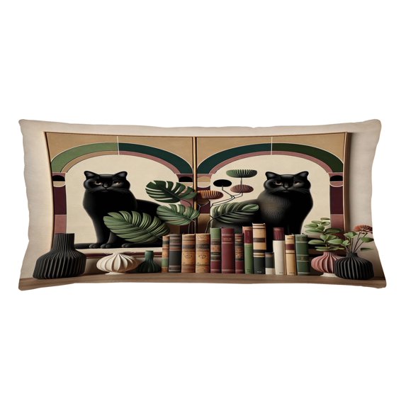 Ambesonne Cat Throw Pillow Cushion Cover, Monstera Kitties Books Vases, 36" X 16", Sand Brown Maroon Green
