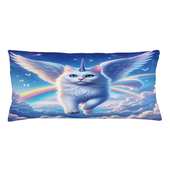 Ambesonne Cat Throw Pillow Cushion Cover, Pegasus Kitty Flies Clouds Sky, 36" X 16", Azure Blue Pale Pink
