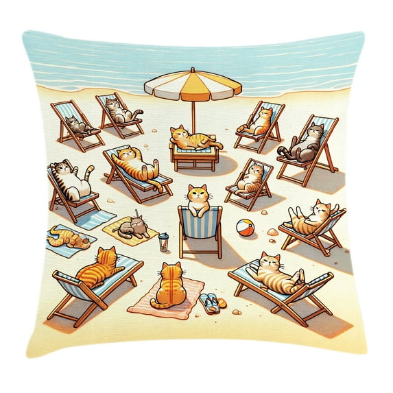 Ambesonne Cat Throw Pillow Cushion Cover, Summer Kittens Sandy Beach Fun, 20" X 20", Beige Orange Pale Blue