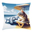 thumbnail image 1 of Ambesonne Cat Throw Pillow Cushion Cover, Sunbathing Kitten Seaside Shore, 40" X 40", Blue Pale Mustard, 1 of 2