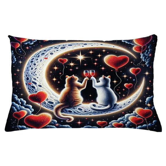 Ambesonne Cat Throw Pillow Cushion Cover, Toasting Kitty Couple Moon Star, 26" X 16", Indigo and Scarlet
