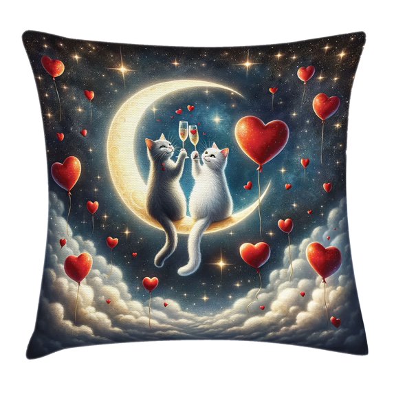 Ambesonne Cat Throw Pillow Cushion Cover, Toasting Romantic Moon Hearts, 20" X 20", Dark Night Blue Vermilion