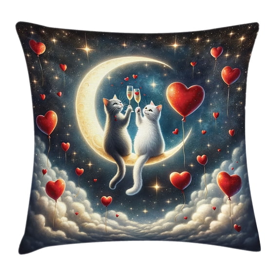 Ambesonne Cat Throw Pillow Cushion Cover, Toasting Romantic Moon Hearts, 24" X 24", Dark Night Blue Vermilion
