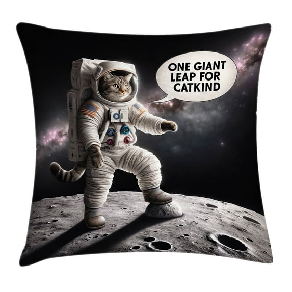 Ambesonne Cat Throw Pillow Cushion Cover, Whimsical Astronaut Kitty Moon, 18" X 18", Dark Purple Grey Coconut