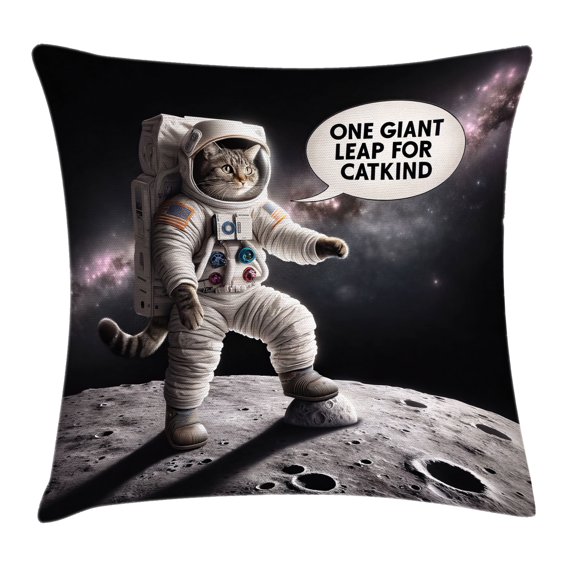 Ambesonne Cat Throw Pillow Cushion Cover, Whimsical Astronaut Kitty Moon, 36" X 36", Dark Purple Grey Coconut