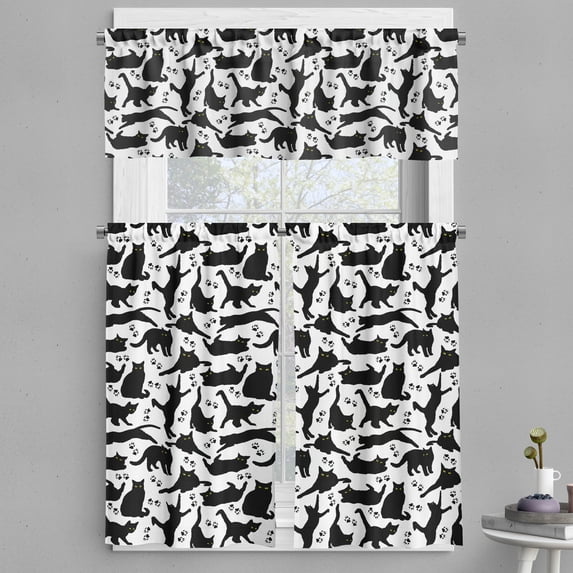 Ambesonne Cat Valance & Curtain, Black Cats Different Poses, 55"x24", Black White