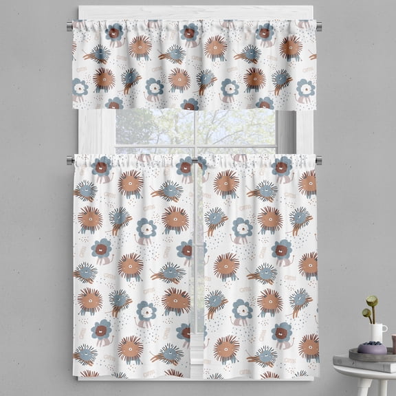 Ambesonne Cat Valance & Curtain, Cartoon Lions Dots Pattern Art, 55"x45", Sand Brown and Ceil Blue