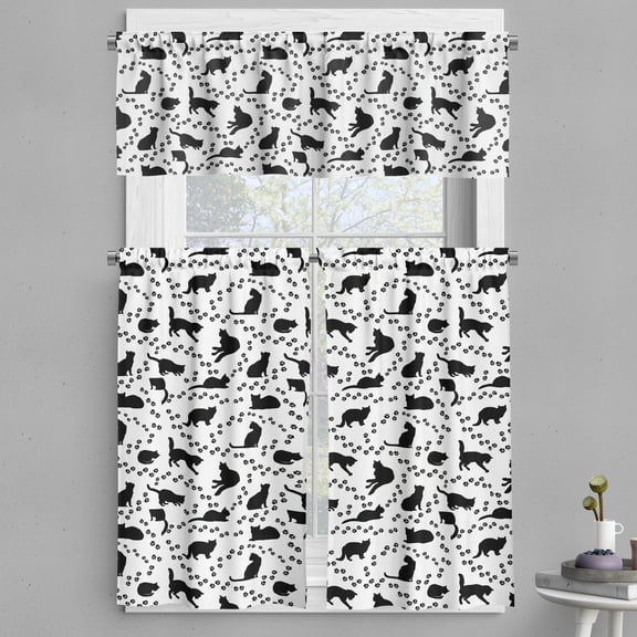 Ambesonne Cat Valance & Curtain, Kittens Footprints Paws, 55"x45", Black and White