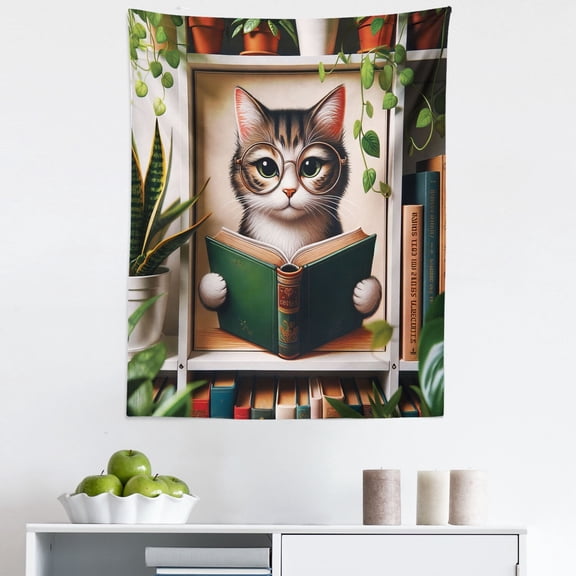Ambesonne Cat Wall Hanging Tapestry, Botanical Cozy Concept Bookworm, 23"x28", Green Paprika Beige