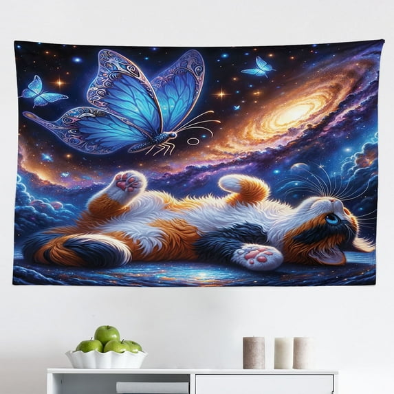 Ambesonne Cat Wall Hanging Tapestry, Butterfly and Kitten Galaxy, 45"x30", Azure Blue Orange Purple